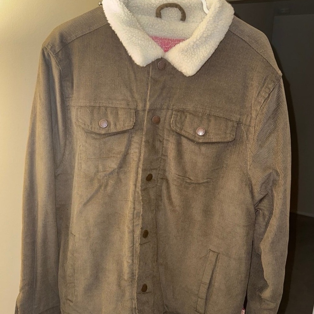 Men's dark green Corduroy Jacket with White Sherpa Collar and interior size xl